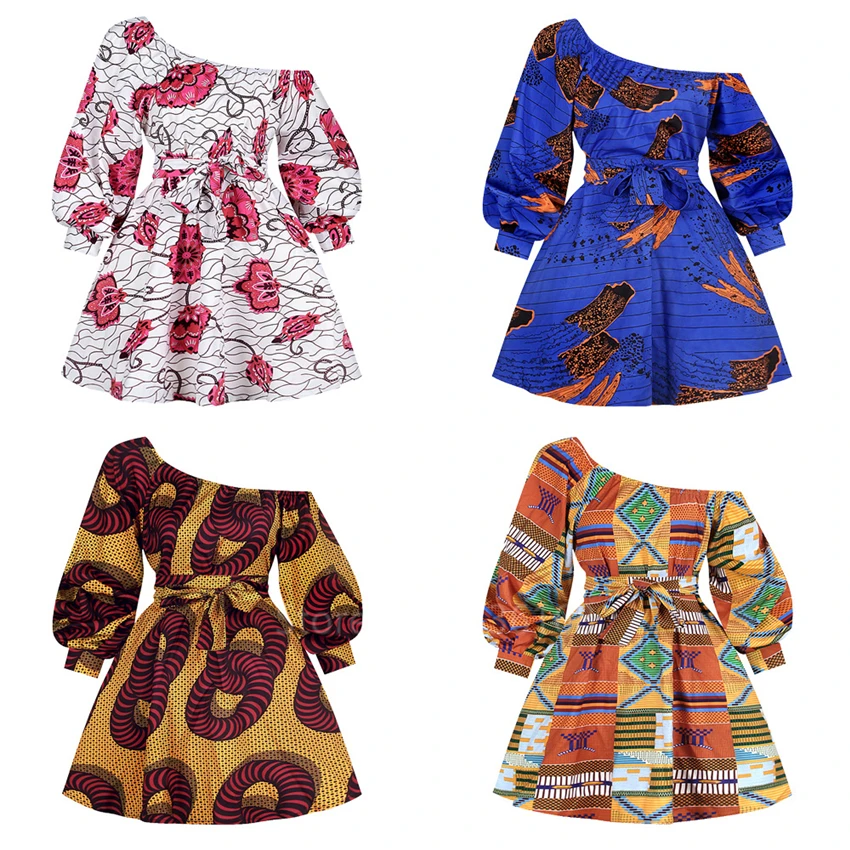 Африканские платья для женщин с длинным рукавом летнее платье наклонным плечом