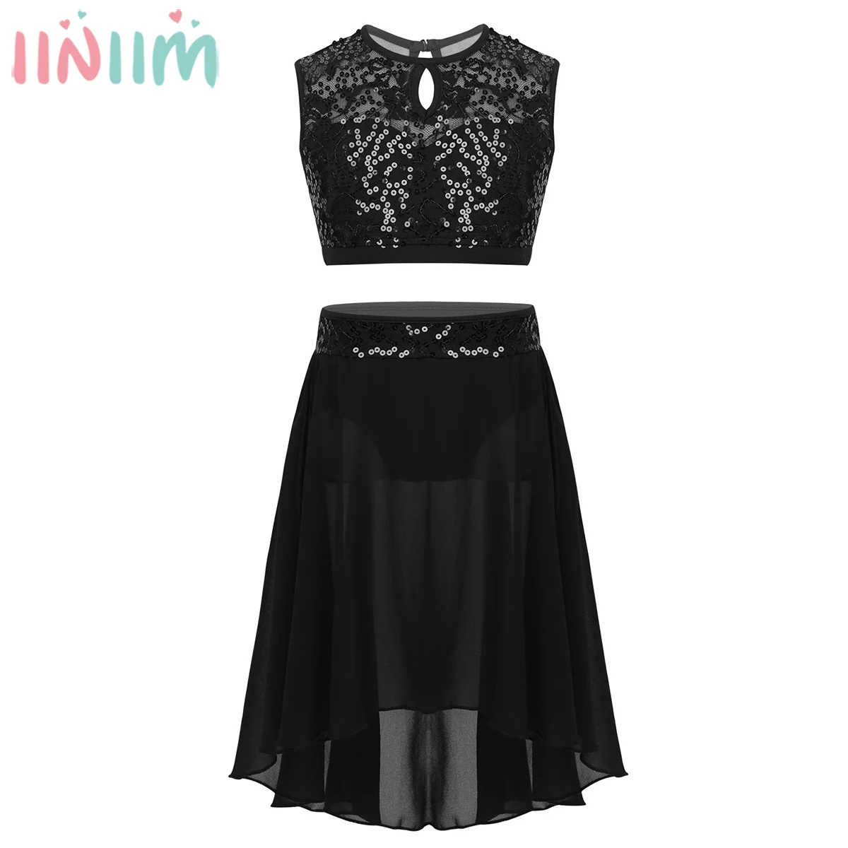 

Детский комплект для девочек iiniim, укороченный топ без рукавов с блестками и шифоновая юбка с подолом, костюмы для лирических танцев, балетные костюмы для выступлений