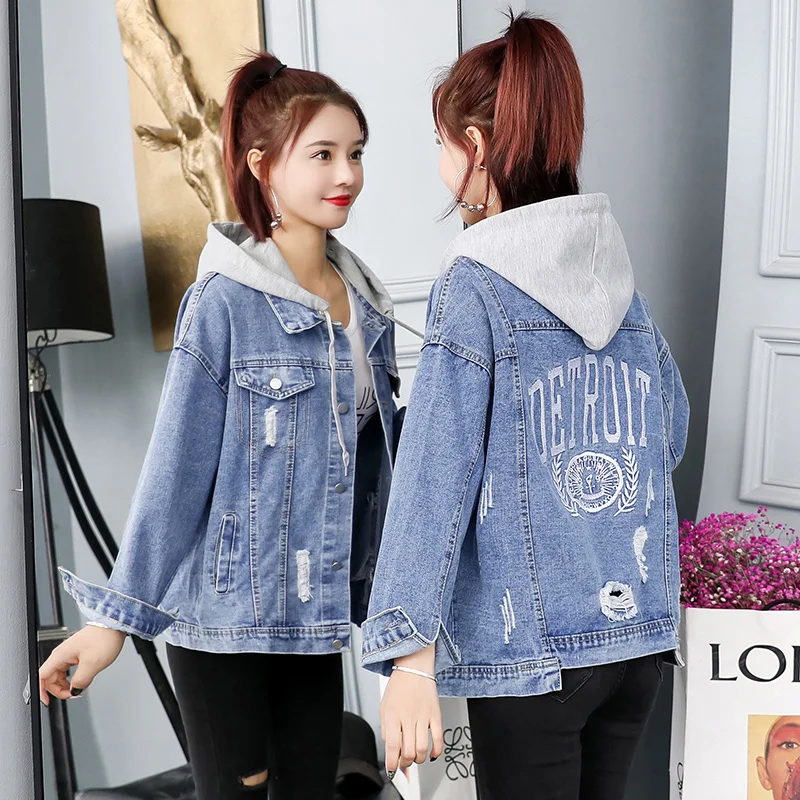 

Denim Jacket Women's Spring Autumn Korean Loose Large Fashion Stitched Hooded Long Sleeve Cowboy Short Jacket Roupas Femeninas