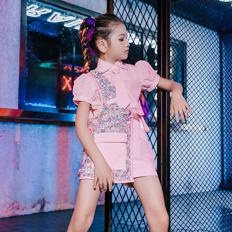 

Kids Jazz Dance Costumes Pink Sequin Clothing Children'S Day Catwalk Show Stage Clothes Girls Hip Hop Street Dance Set 2022 CM