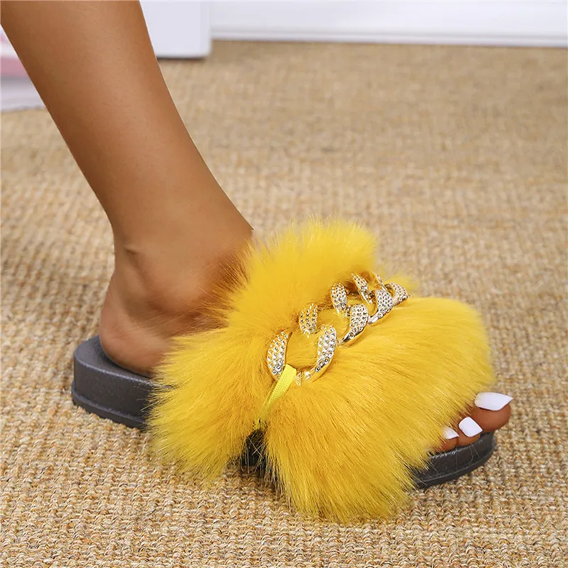 

Женские домашние тапочки с металлической цепочкой, меховые теплые шлепанцы с круглым носком, новинка зимы 2021