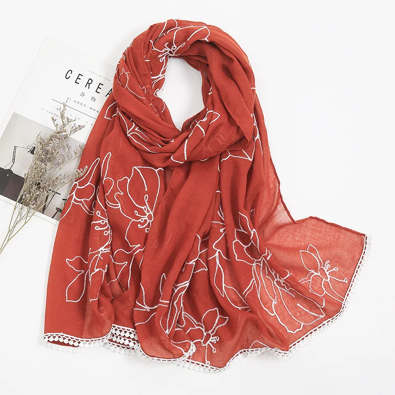 

Plain Embroider Lace Floral Viscose Shawl Scarf Lady High Quality Stitch Hijabs and Wraps Pashmina Stole Foulards Muslim Sjaal