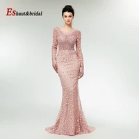 2021 full lace pearls mermaid handmade evening formal dress o neck long sleeves beads prom party gowns