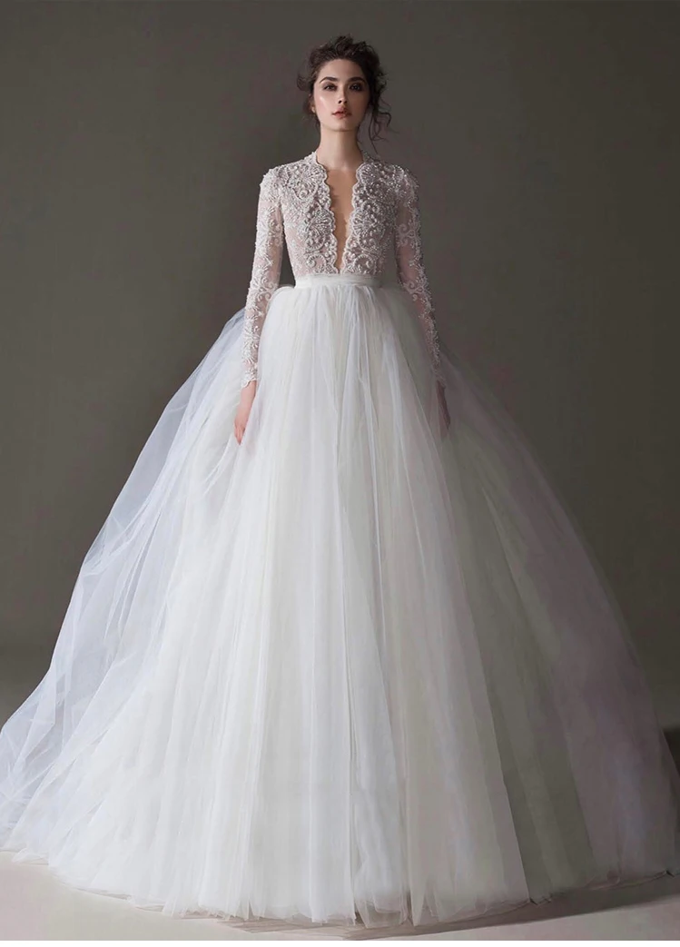

2020 new arrive beading pearl wedding dress long stleeve V neck long train ball gown tulle bridal sexy backless elegant lace