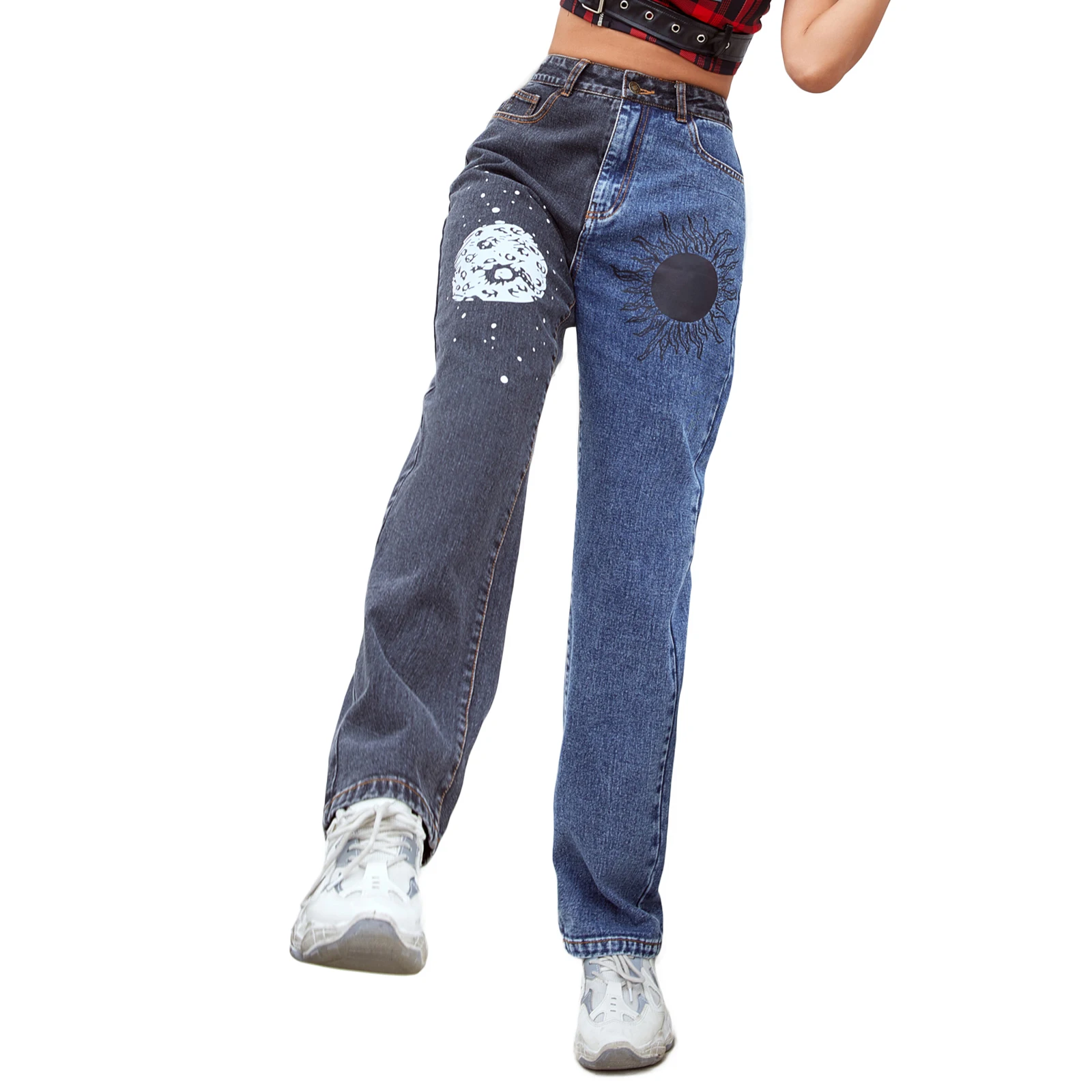 Women Variegated Color Jeans with Pockets High Waist Straight-leg Trousers XS/ S/ M/ L |