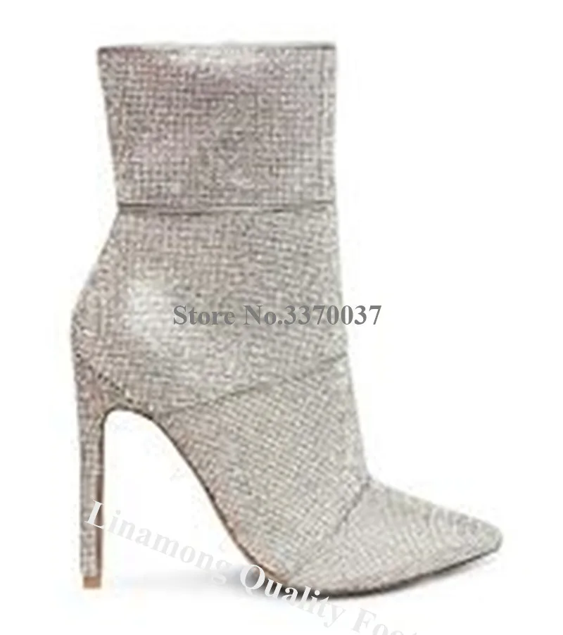 Linamong Bling Bling Pointed Toe Rhinestone Stiletto Heel Short Boots Gold Silver Crystal Ankle Booties Wedding Dress Heels - Цвет: as picture