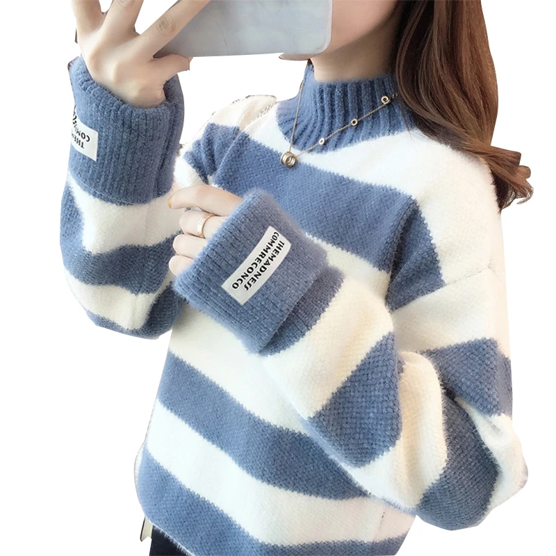 

Women Autumn Winter Long Sleeves Half Turtleneck Knitted Sweater Stitching Contrast Color Striped Pullover Loose Jumper Casual T