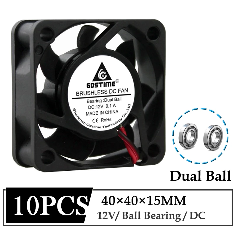 10 шт. Gdstime DC 12 В 40 мм x 15 двойной шар 2Pin кулер вентилятор 40x40x15 4 см бесщеточный