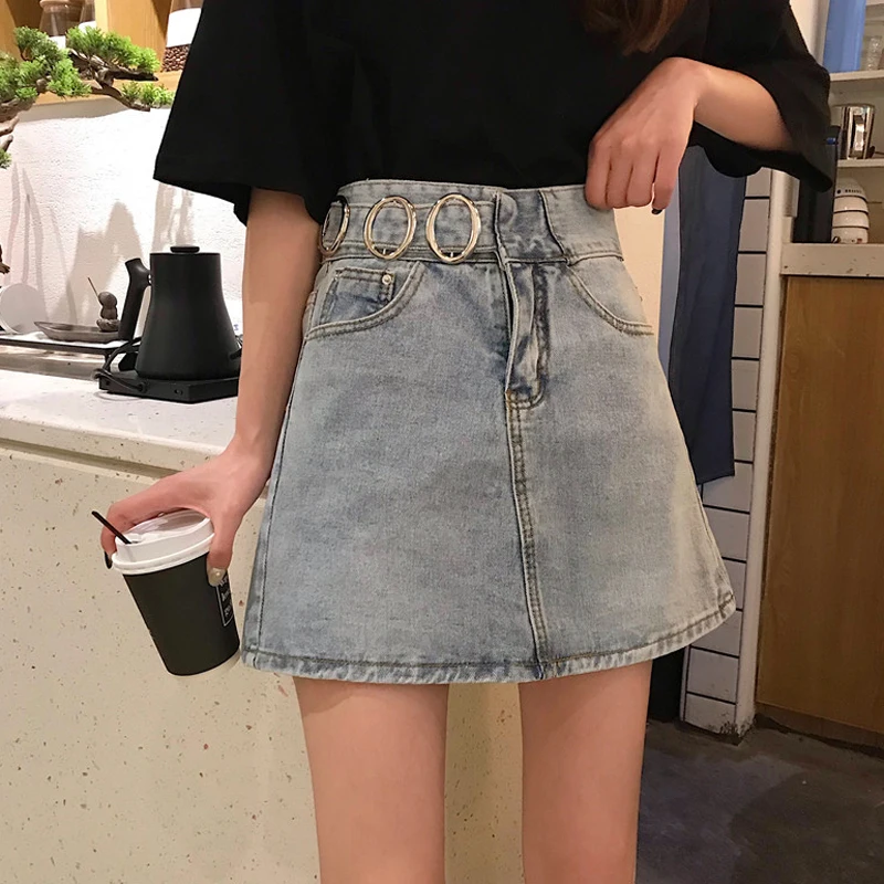 

2020 Women Summer Blue Solid Casual High Waist Pencil Denim Skirts High Street Pockets Button All-matched Jeans Skirt