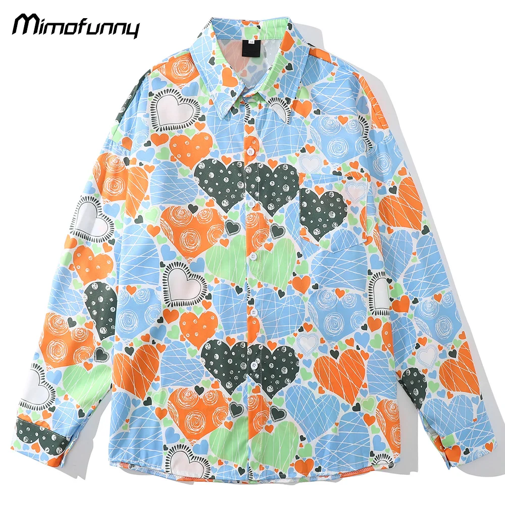 

Мужская рубашка с разноцветным принтом в форме сердца и длинными рукавами, модные мешковатые Осенние Топы-карго в колледжском стиле, повсед...