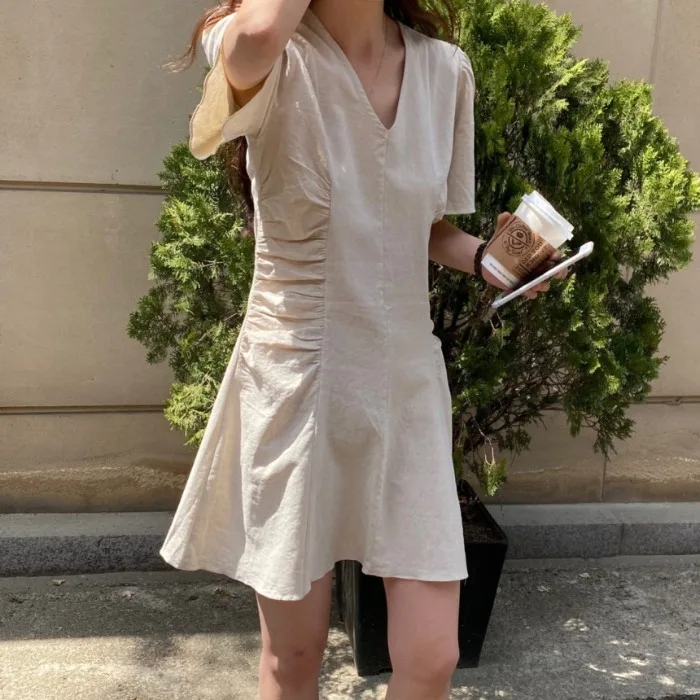 

Korean Chic French Minority Spring/Summer Small V-neck Pleated Waist Tight Mid-Length Short Sleeve Slimming Dress