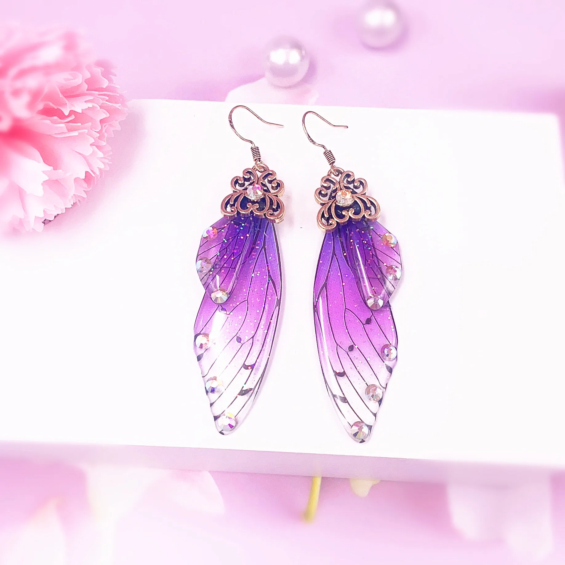 

Earrings of the Amethyst Fairy, Foil or Rhinestone Insect Butterfly Wing Earrings Romantic Bridal Jewelry Faerie Design 24 Color
