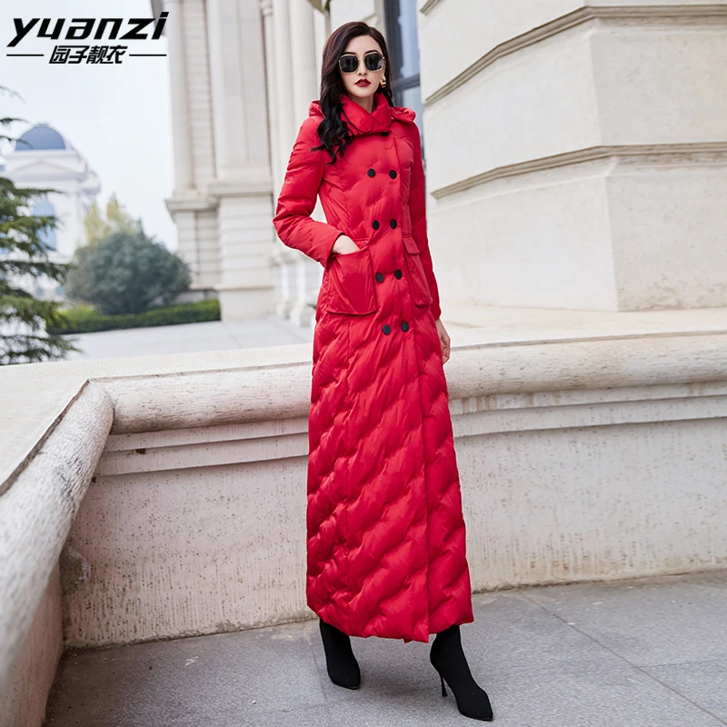 

2020 winter new red down jacket women's long fit waistband temperament super long to ankle warm down 6041