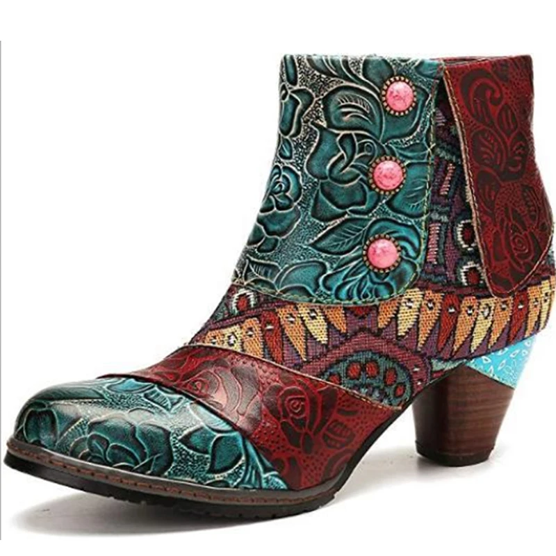 

Retro Colorful Boots Pattern PU Leather Gorgeous High Square Heel Zipper Boots Women Colorful Boots Elegant Shoes