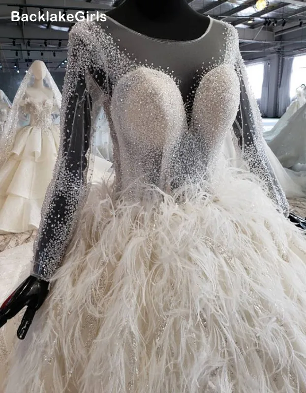 Высокая Класс Свадебные платья с длинными рукавами и головной повязкой пером 2020