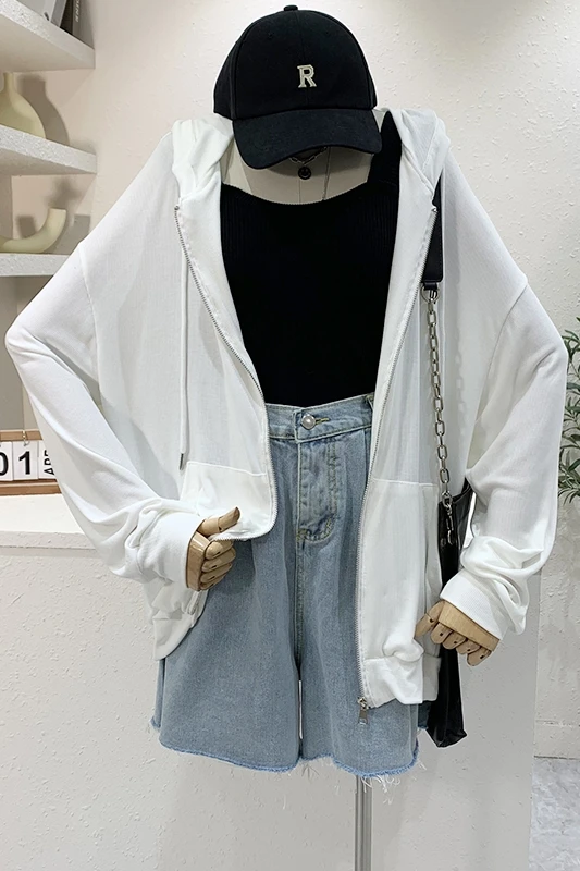 

Hoody Jacket Women's Loose Thin Cardigan Sun Protection Coat 2021 Spring Summer New Korean Style Zipper Sweatshirt Femme Clothes
