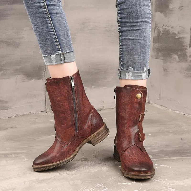 

2020 Autumn Winter New Retro Thick Heel Ladies Boots Round Toe Mid Tube Boots Leather Casual Women Boots Motorcycle Boots Botas