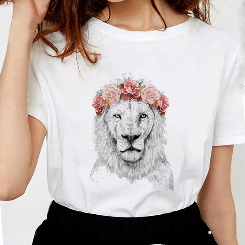 

New Summer Fashion sketch Flower Lion Women T shirts Harajuku Funny Lion T shirts Soft Cotton Casual White Tops Tees