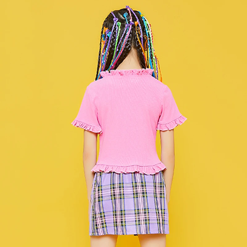 

Hip Hop Clothing Kids Street Dancewear Pink Top Purple Plaid Skirt Girl Jazz Dance Costume Cheerleader Performance Wear