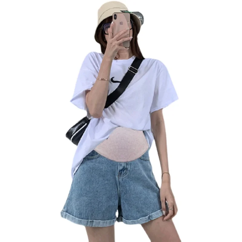

6822# Summer Thin Denim Maternity Short Jeans Adjustable Belly Wide Leg Loose Shorts for Pregnant Women Hot Casual Pregnancy