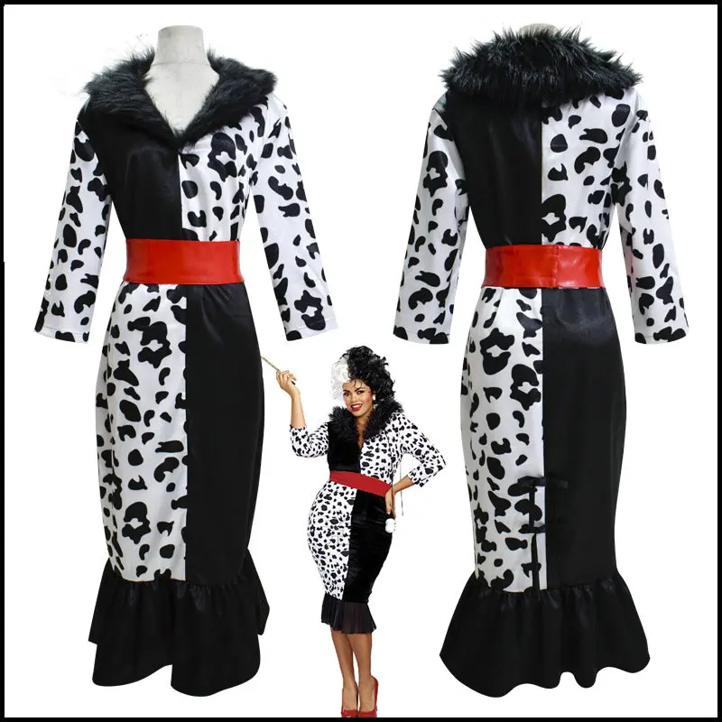 

Новое поступление косплей-костюм Cruella De Vil 101 костюм злодея далматинца наряд на Хэллоуин парик женский