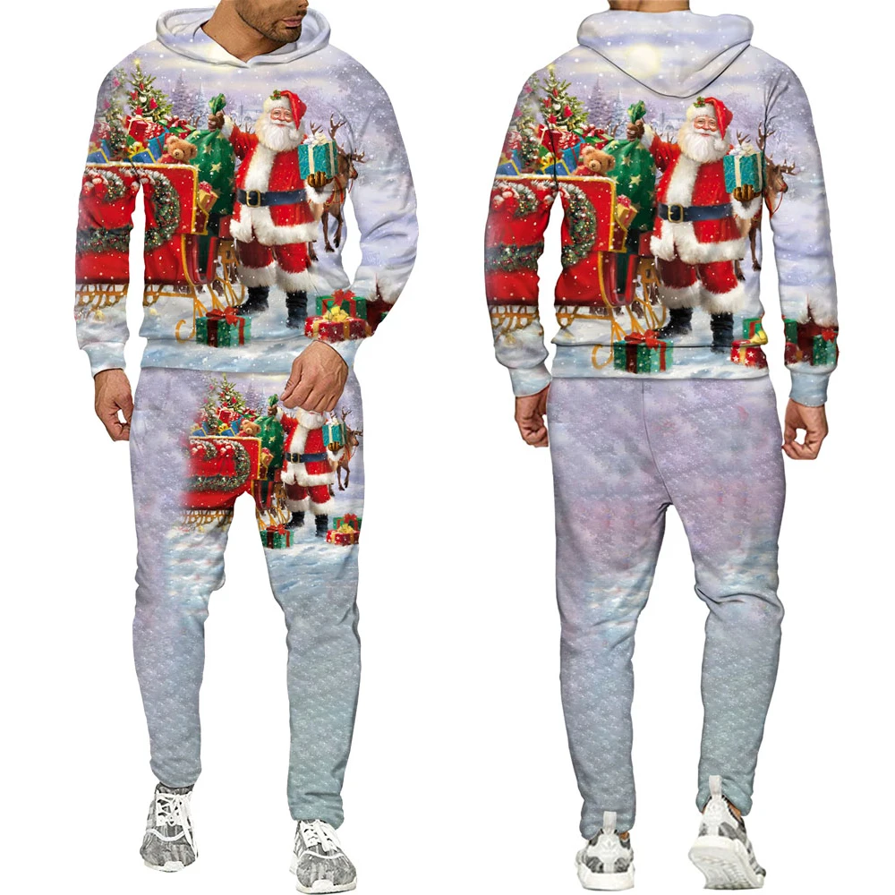 

2021 Christmas Gift All Print Hoodies Pants Men's 3D Tracksuits Unisex Christmas Snowman Pullover Sweatshirt Streetwear Suits