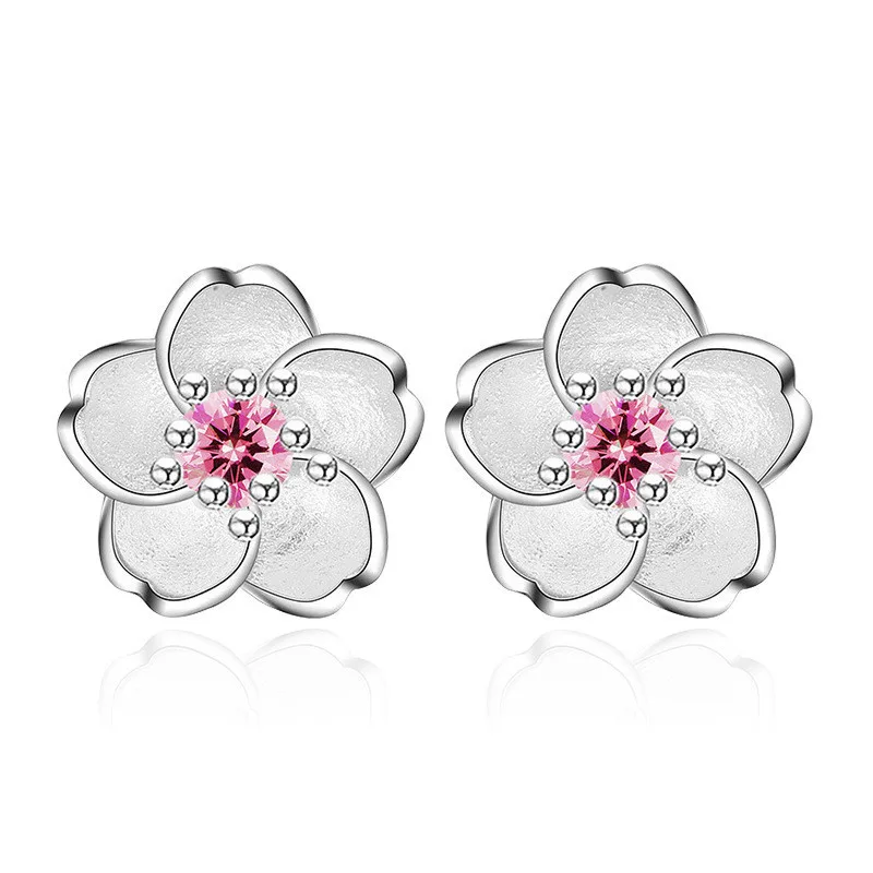 

Cute Female PinK Crystal Stone Earring Charm Silver Color Small Stud Earrings Luxury Zircon Flower Wedding Earrings For Women
