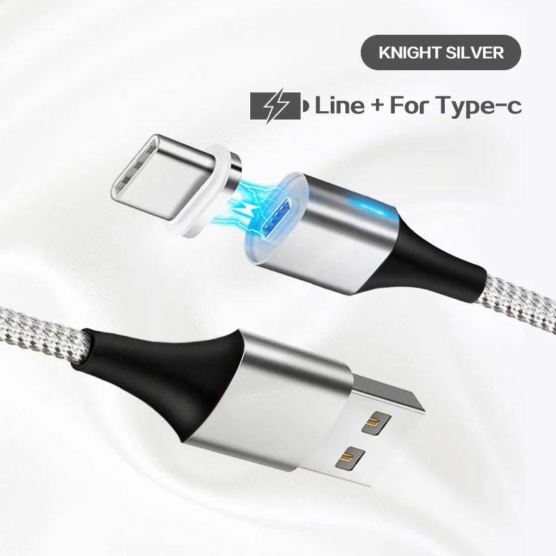 Silver For Type C Магнитный кабель 3A для быстрой зарядки, кабель Micro USB type C для Android iPhone X XS MAX XR, магнитный usb-кабель для зарядки, нейлоновый шнур для передачи данных - Цвет: Silver For Type C