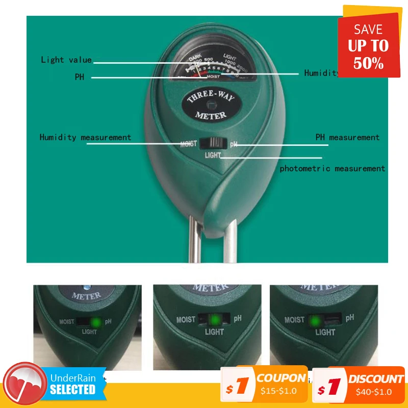 

3 in1 Soil PH Tester Plant Garden Flowers Moisture Light Meter Testing Tools hygrometer
