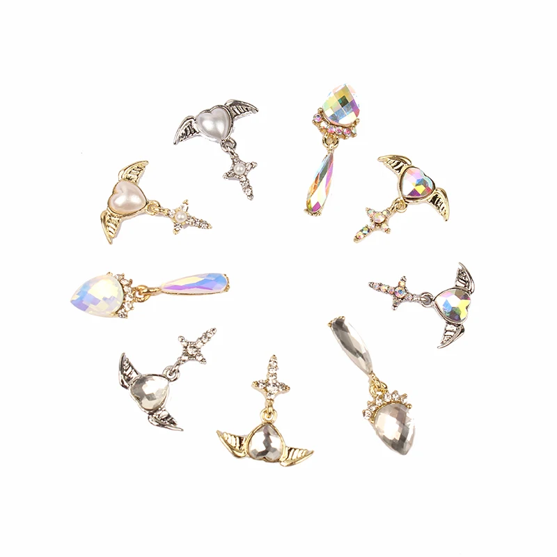 10 Pcs/lot Gold Heart Wing Pendant Design Diy Studs For Charms Strass Nails Art Alloy Metal AB Rhinestones 3D Decor Nail | Дом и сад