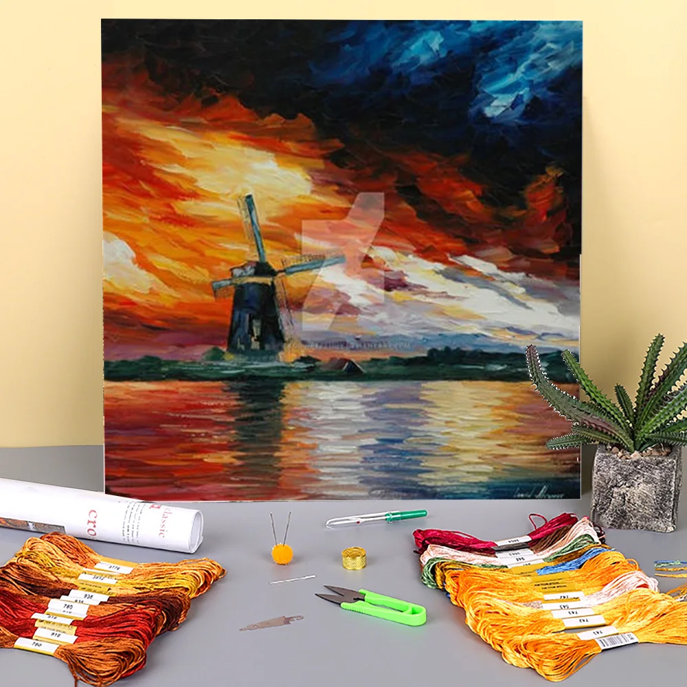 

Oil Painting Style Windmill Printed Fabric 11CT Cross-Stitch Complete Kit DIY Embroidery DMC Threads Sewing Stamped
