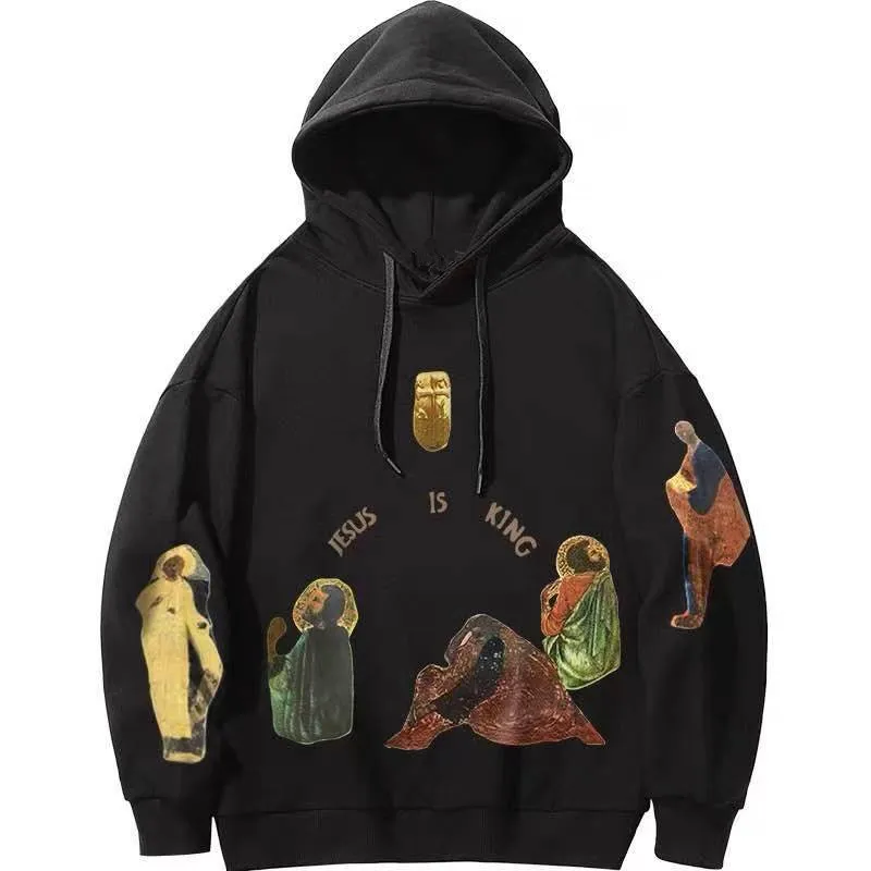 

2021 new European and American style oil painting Jesus print pullover men's winter plus size men and women the same style