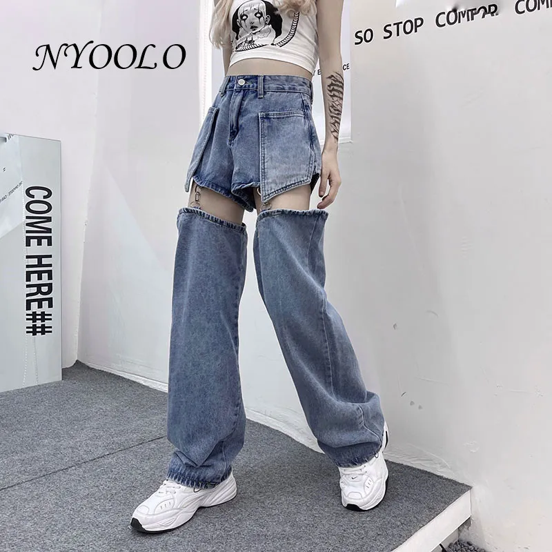 

NYOOLO Novelty Design High Waist Hollow Out Patchwork Big Pockets Detachable Straight Washed Jeans Women Streetwear Denim Pants