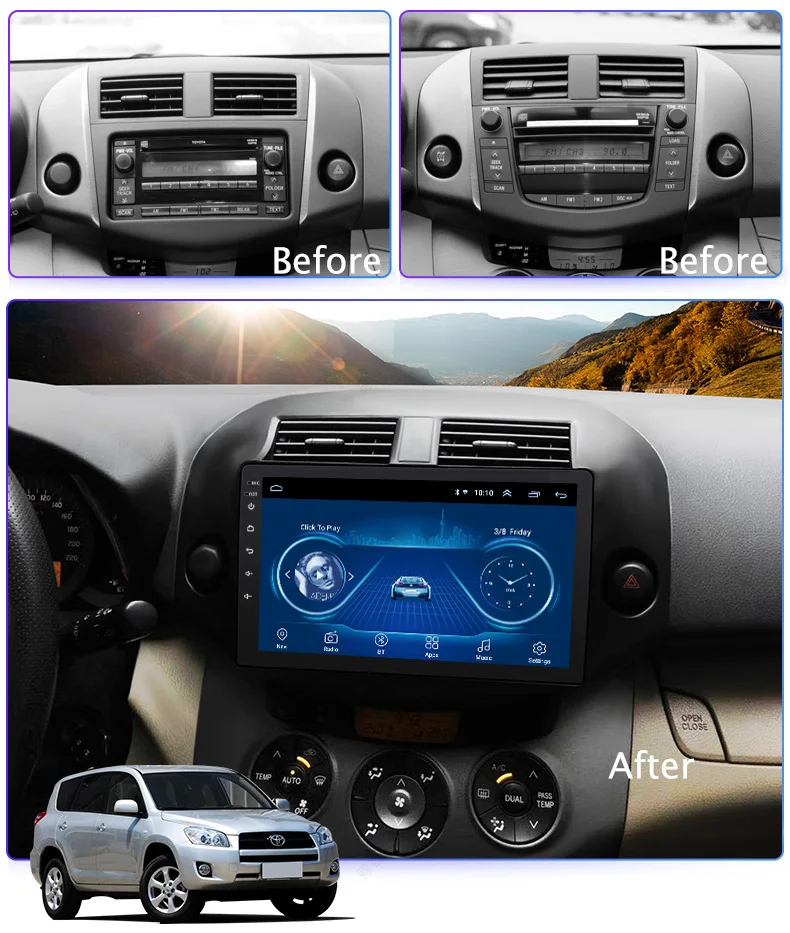 10 1 дюймов Android 9. 0 2.5D Закаленное HD Сенсорное радио для Toyota RAV4 8 2007 с Bluetooth USB WIFI