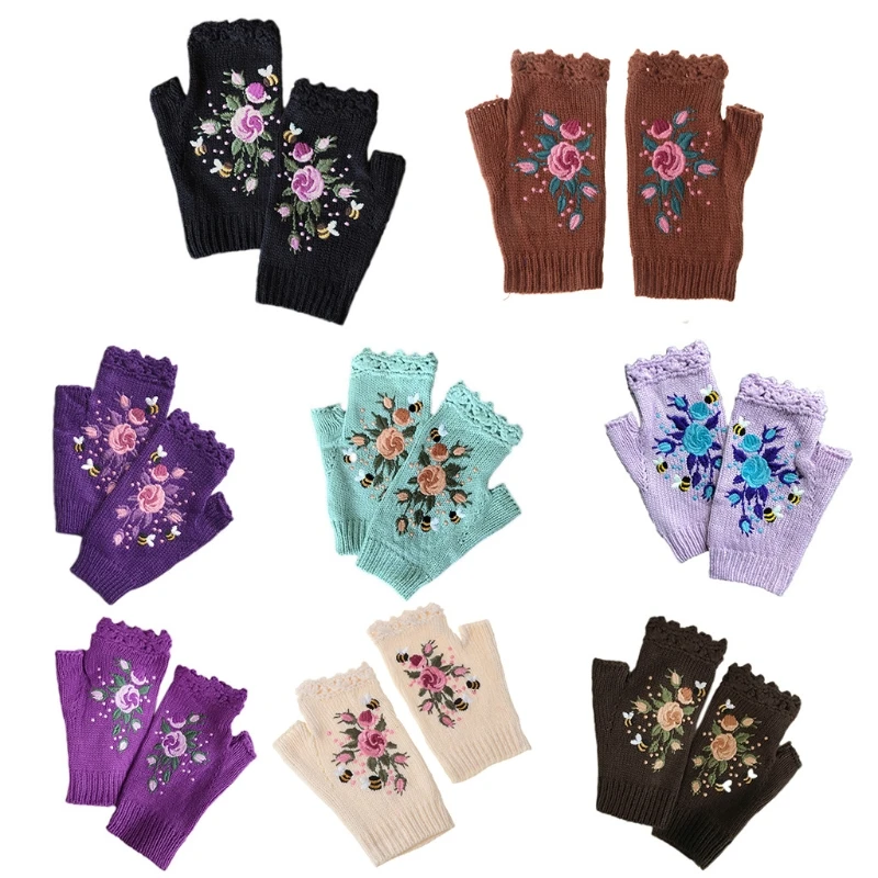

Women Winter Crochet Knitted Fingerless Gloves Sweet Colorful Floral Bee Embroidery Thumbhole Texting Mittens Stretchy Arm