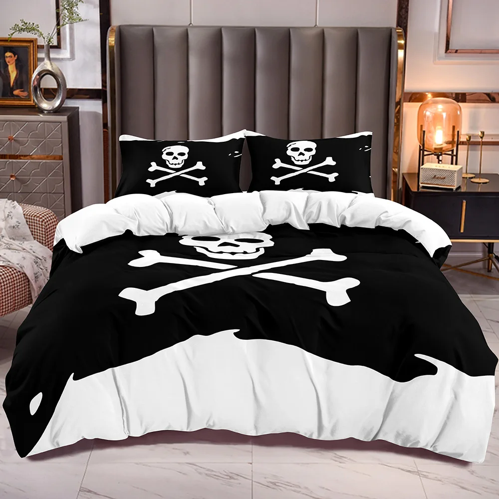 

Duvet Cover Comforter Sets Black Flag with White Skull Print Teens Bedding Quilt Cover with White Reverse Zipper Closure