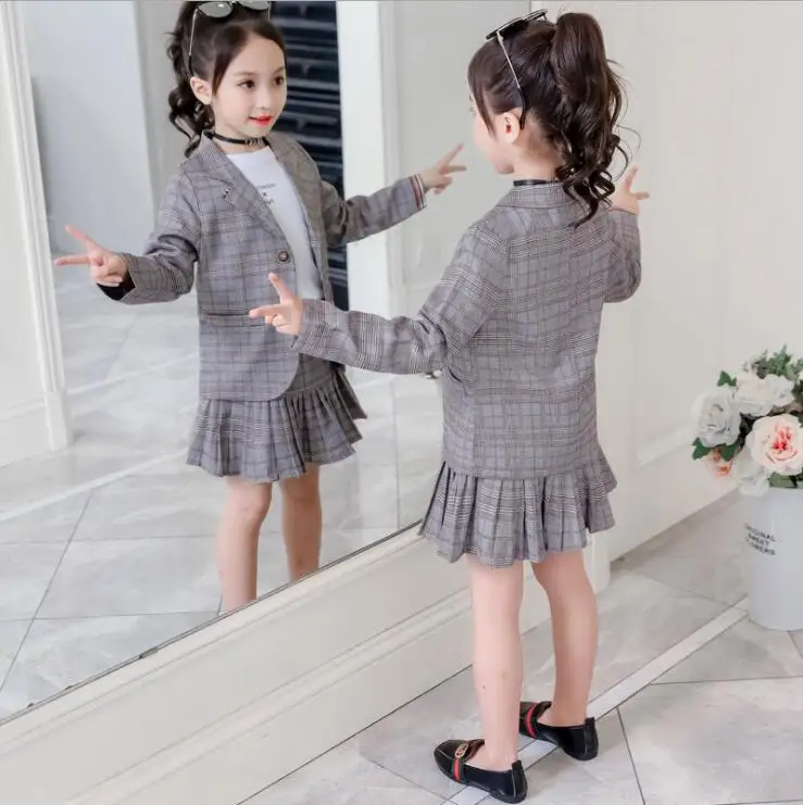 Весенняя одежда для девочек деловой костюм клетчатые пальто и юбка комплекты