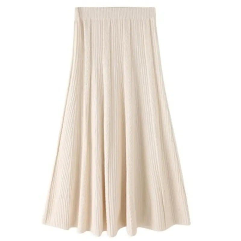 

2021 Autumn Winter Korean Vintage Elegant Soft Warm Solid Color Pleated Knitted Skirt Women High Waist Skirt Female Ladies Y105