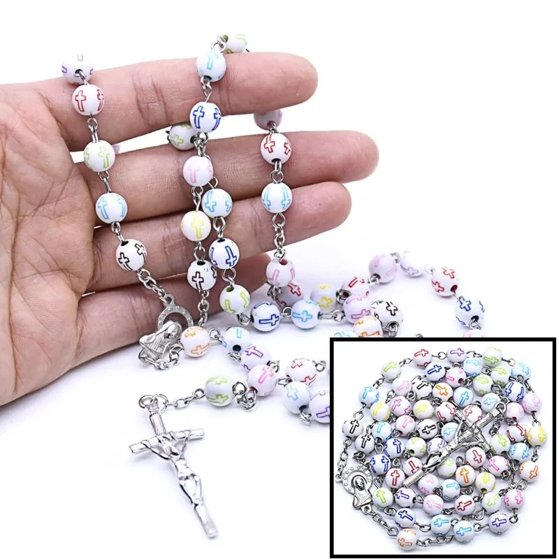 

Fine Multicolor Handmade 8MM Beads Glass Pearl Wedding Prayer Catholic Men Women Party Cross Rosary Necklace Accessories Gift