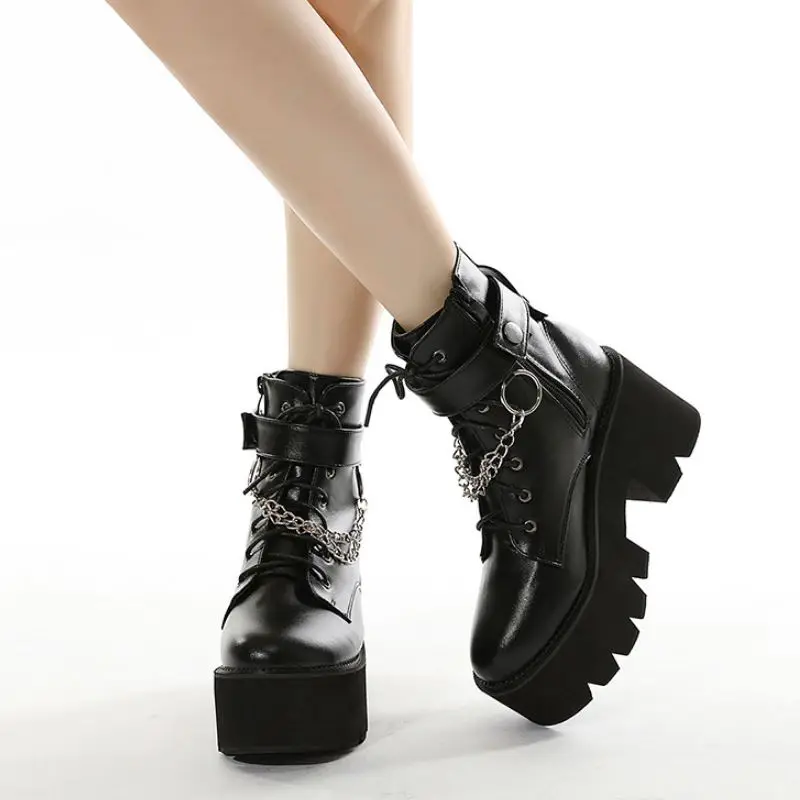 

CoolCept New Sexy Chain Women Leather Autumn Ankle Boots Block Heel Punk Style Platform Shoes Female Footwear Size 35-43