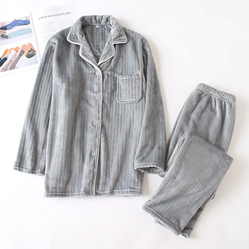 

Winter Lovers Pyjamas Suit Thicken Warm Sleep Set Flannel Pajamas Set 2pcs Shirt&pant Casual Sleepwear Bathrobe Soft Homewear