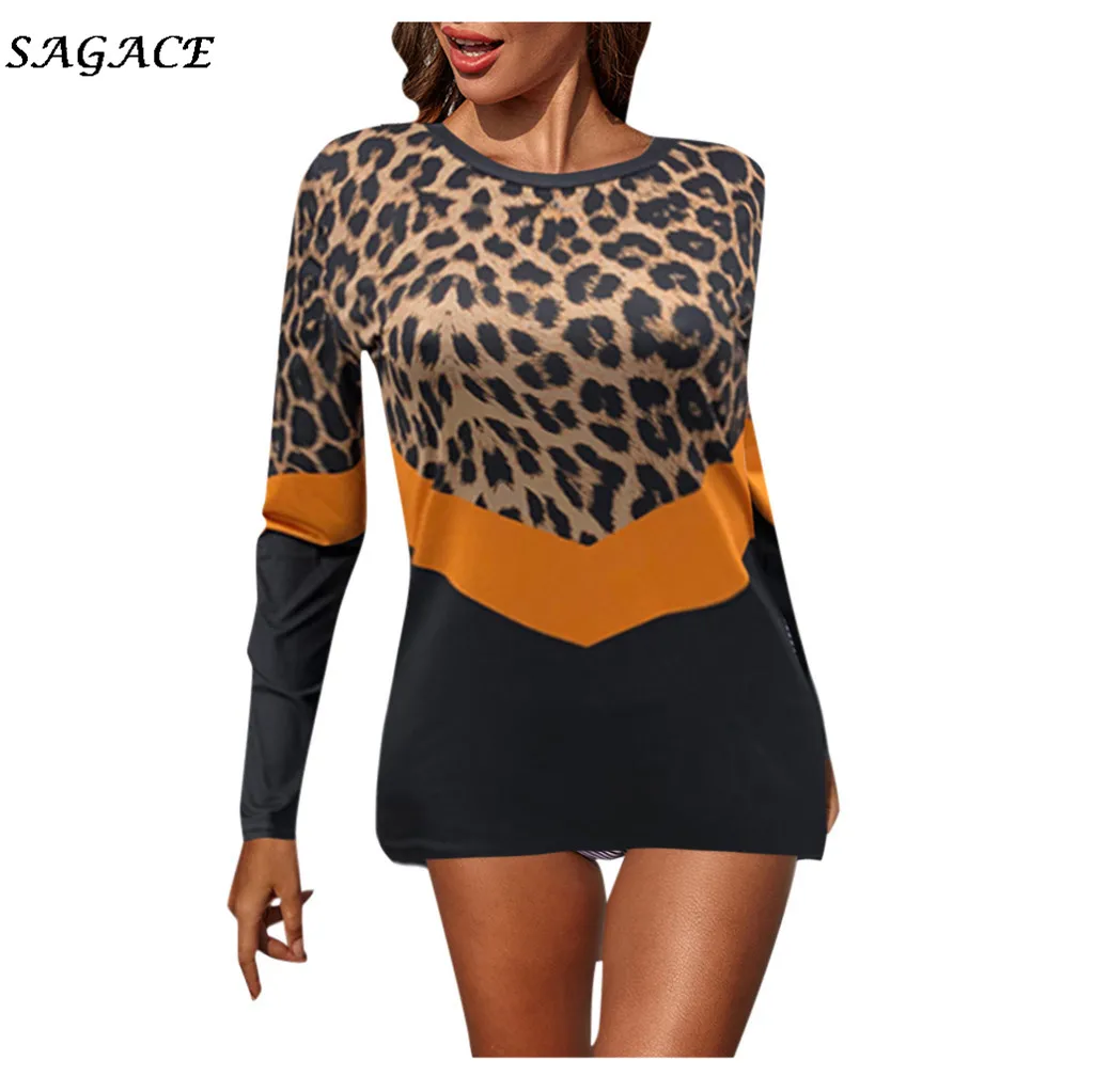 Sagace Топы женские леопардовые Лоскутные размера плюс с длинным рукавом льняная