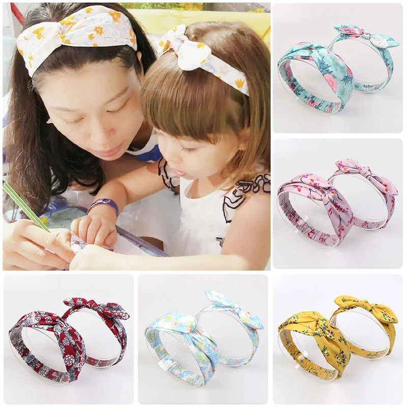 

1/2pcs Baby Turban Floral Printed Headband Girl Bows Flower Mommy and Daughter Printed Headbands Tie Knot Rabbit Ear Hairbands