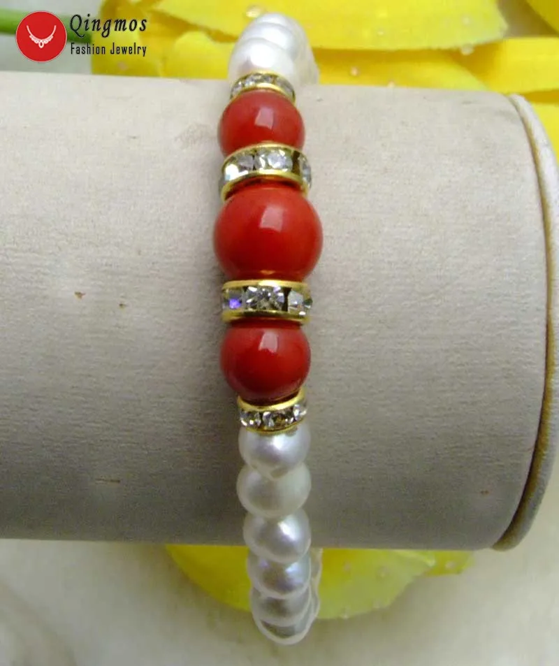 Qingmos 6-7mm Round Natural White Pearl Bracelet for Women with Red Coral Stone 7.5&quot Jewelry Bra292 | Украшения и аксессуары