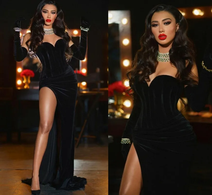 

Modest Velvet Mermaid Prom Dresses Side Split Black Sweetheart Sexy Evening Party Gowns 2022 No Gloves Vestido De Longo