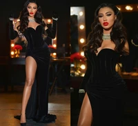 modest velvet mermaid prom dresses side split black sweetheart sexy evening party gowns 2022 no gloves vestido de longo