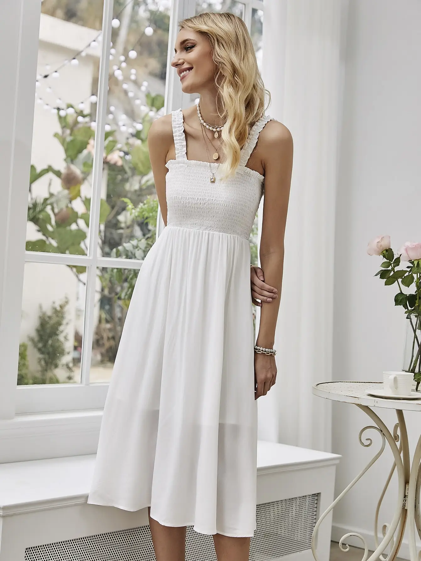 

Summer Boho Lettuce Trim, Shirred Midi Solid Shirred Lettuce Trim Cami Dress