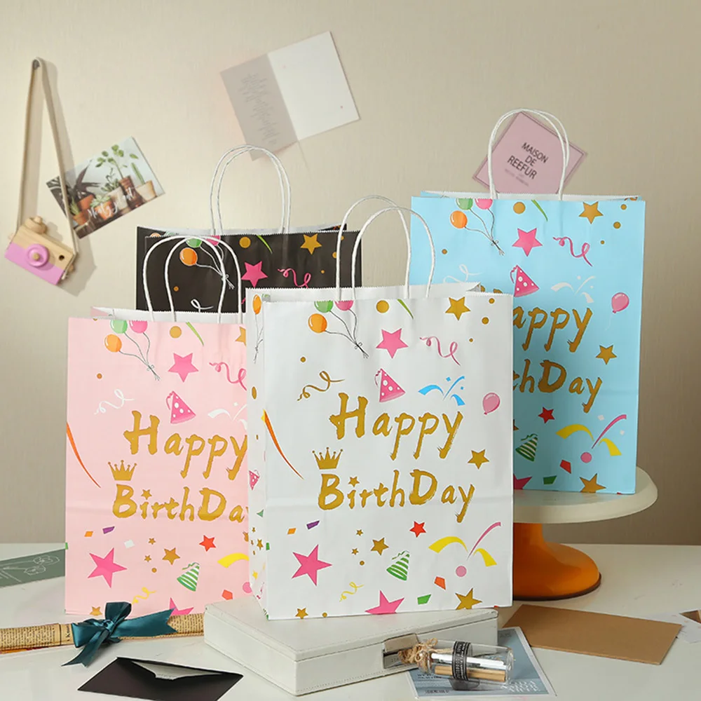 

6/12pcs Happy Birthday Party Stars Balloons Theme Gift Bag Candy Paper Bag with Handles Baby Shower Party Decor Decorating Bags