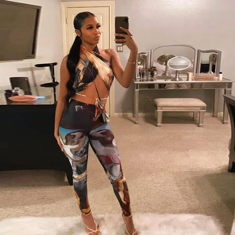 

Summer Bandage Cross Halter Camisole and Pants Goddess Print Two Pieces Set Sexy Slim Crop Tops Outfits Suits Set For Women