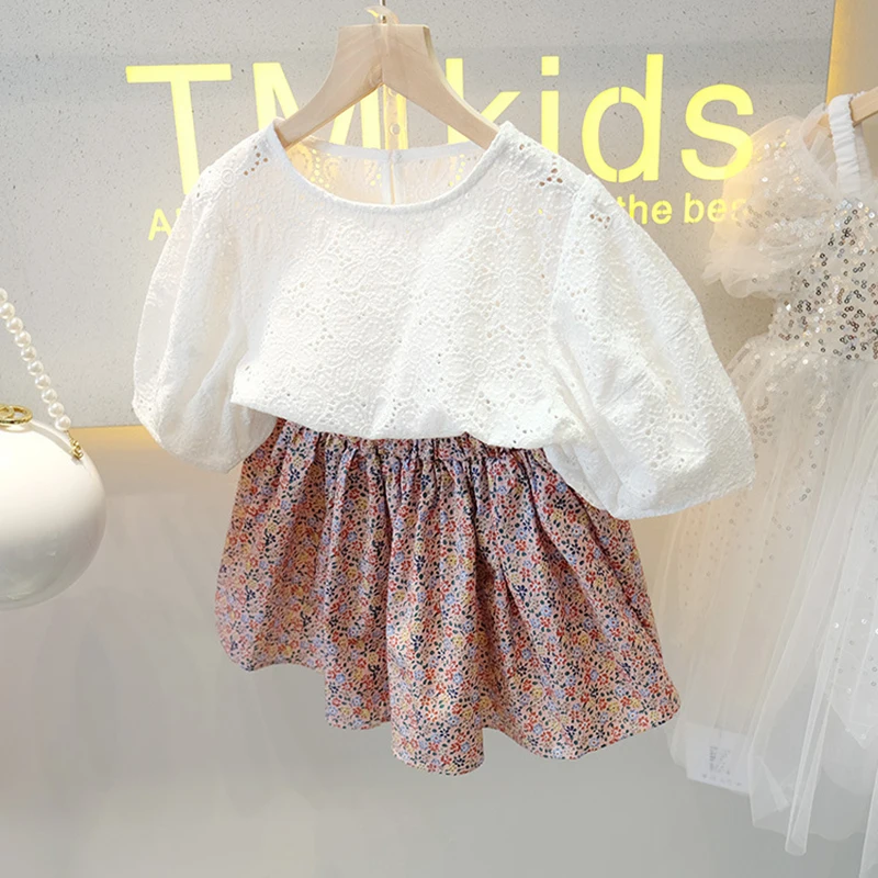 

Fashion Lace Princess Girls Clothes Suits Cute Puff Sleeve Tops + Floral Skirt 2Pcs Outfit Children's Clothing Set Birthday Gift